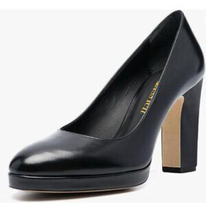 miss left Black Platform Almond Toe Pumps Classic Slip On Block High Heel Shoes